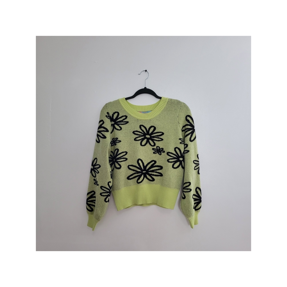 Watermelon Sugar Floral Crew Neck Pullover Sweater Lime And Black
